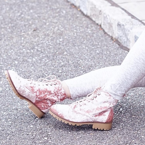 Qupid Shoes - Pink Crushed Velvet Combat Boots 6